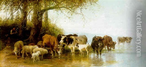 Cattle And Sheep By A River's Edge Oil Painting - Christian Friedrich Mali