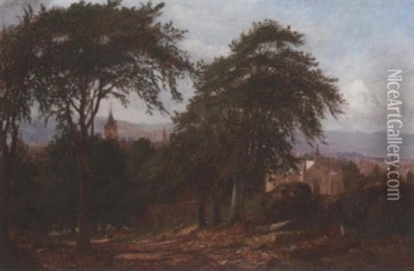 Figures Seated By A Wooded Path, A Valley Town Beyond Oil Painting - James Hall Cranstoun