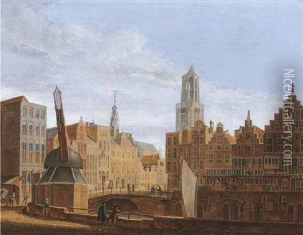 The Stadhuisbrug, Utrecht, With House Lichtenberch And House Hasenberch On The Left, The Oudegracht On The Right Oil Painting - Pieter Jan van Liender