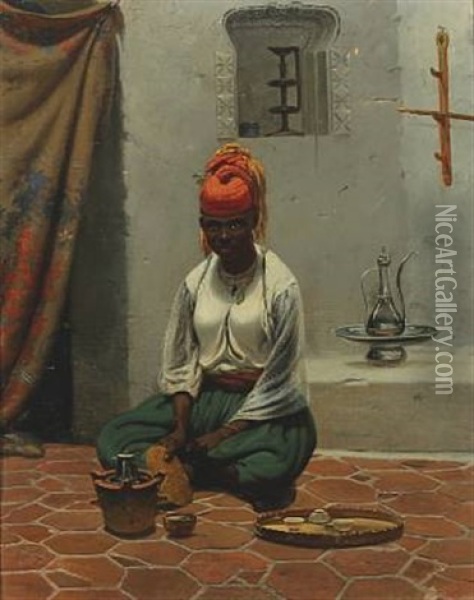 African Woman Making Coffee Oil Painting - Vasili Fedorovich (George Wilhelm) Timm