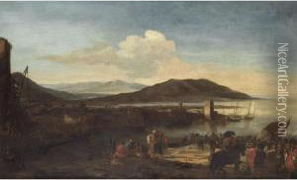 An Extensive Mediterranean Harbour Scene Oil Painting - Pandolfo Reschi