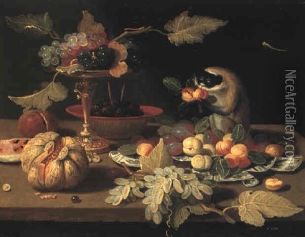 Grapes In A Tazza, Raspberries And Fruit With A Monkey On A Table Oil Painting - Jan van Kessel the Elder