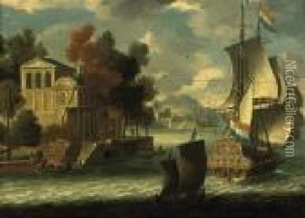 A Capriccio Of A Port With Dutch Shipping Oil Painting - Orazio Grevenbroeck