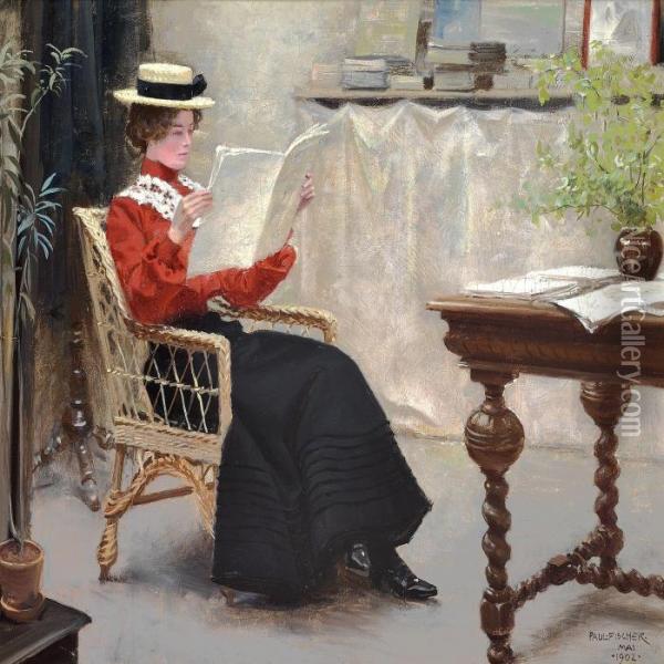Interior With A Younggirl Reading Oil Painting - Paul-Gustave Fischer