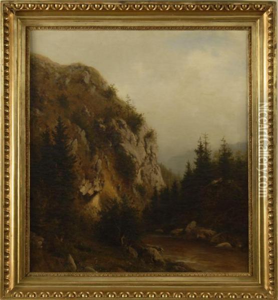 Mountain Cliff With River Oil Painting - Heinrich Ludwig Frische