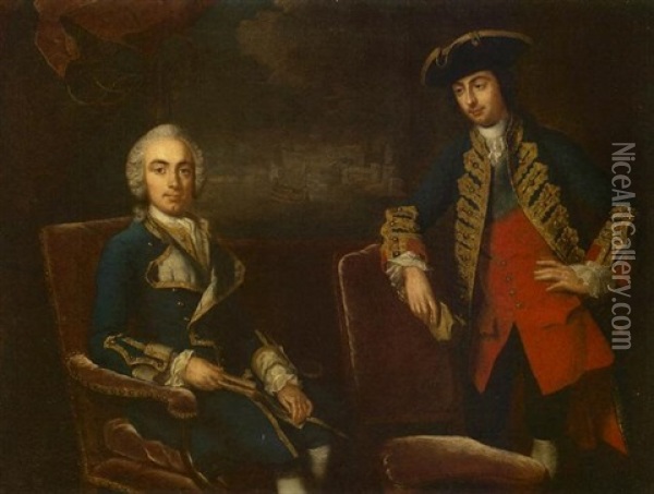 Double Portrait Of Naval Officers, Traditionally Identified As Captain Cook And His Brother, With Marine Painting Oil Painting - George Knapton