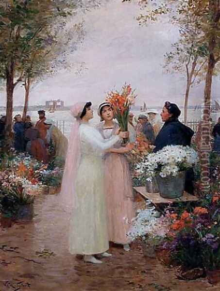 Elegantes au Marches aux Fleurs Oil Painting - Victor-Gabriel Gilbert