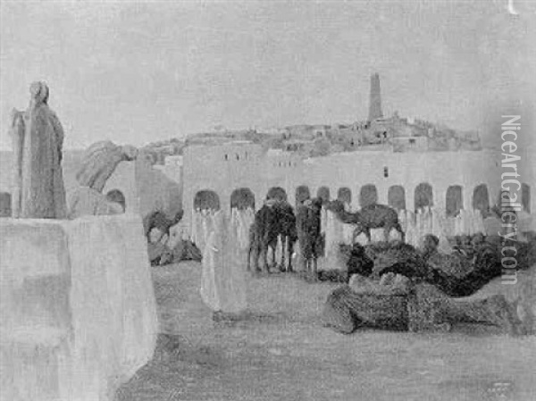 A Caravan Calling A Halt In An Arab Town Oil Painting - August Johannes le Gras