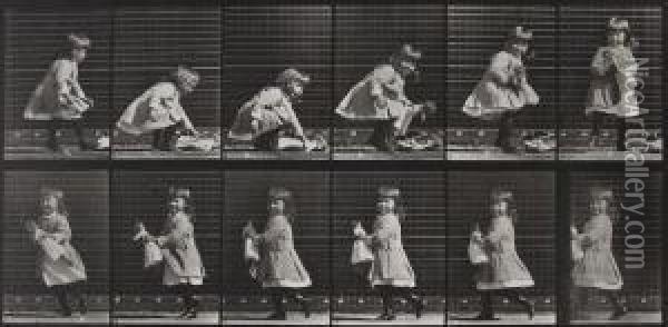Child Lifting A Doll, Turning, And Walking Off Oil Painting - Eadweard Muybridge