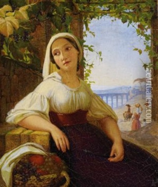Junge Winzerin Unter Weinreben Vor Sizilianischer (?) Landschaft Oil Painting - Joseph Anton Settegast