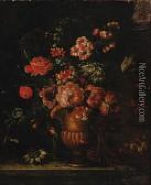 Roses, Honeysuckle, A Carnation And Other Flowers In A Gilt Urn, Ona Stone Ledge Oil Painting - Gaspar-pieter The Younger Verbruggen
