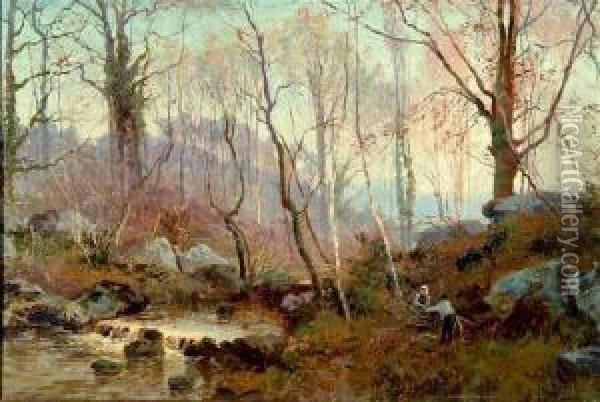 A Wooded Stream With Faggot Gatherers Oil Painting - William Matthison