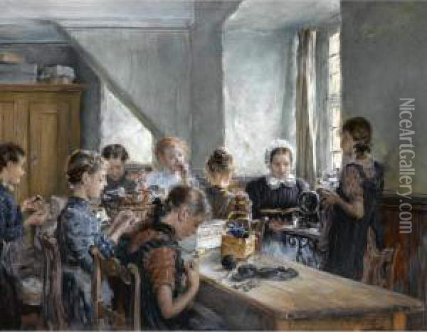 Die Nahstunde (the Sewing Class) Oil Painting - Otto Piltz