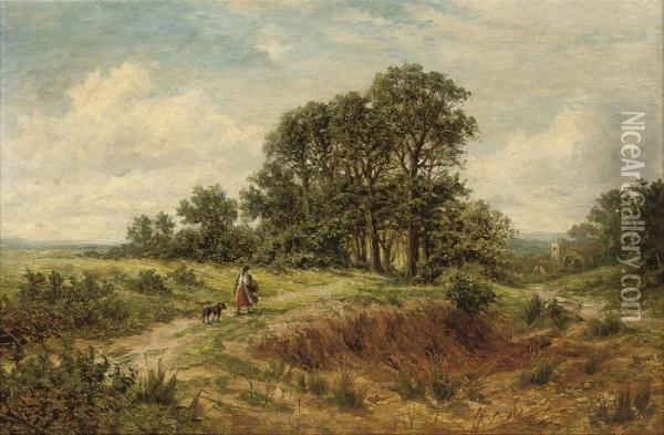 A Young Girl And Her Dog On A Country Track With A Villagebeyond Oil Painting - Edmund Morison Wimperis