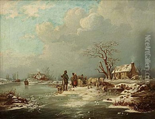 Vinterlandskap Med Figurer Pa Is Oil Painting - Per Wickenberg