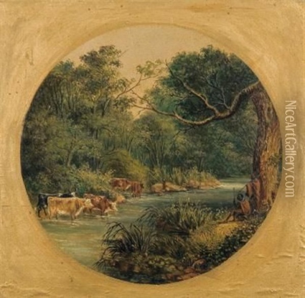Cattle And Herders On The Riverbank Oil Painting - Frederick Timpson I'Ons