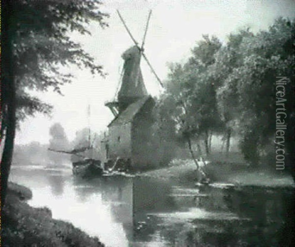 Hollansk Kanalparti Med Molle Oil Painting - Edvard Frederik Petersen