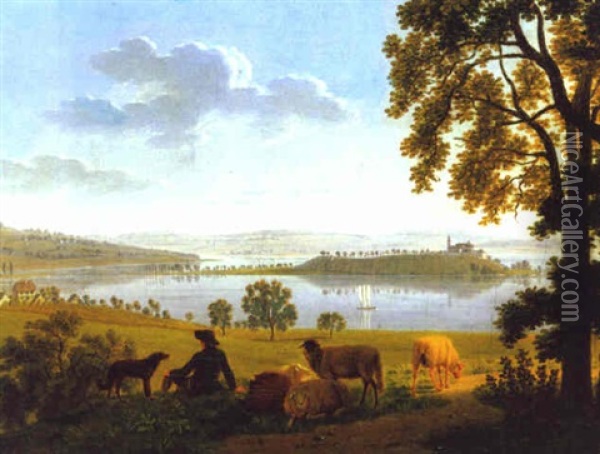 Schafer Mit Herde Und Hund Am Bodensee Vor Der Insel Mainau Oil Painting - Johann Jakob Biedermann