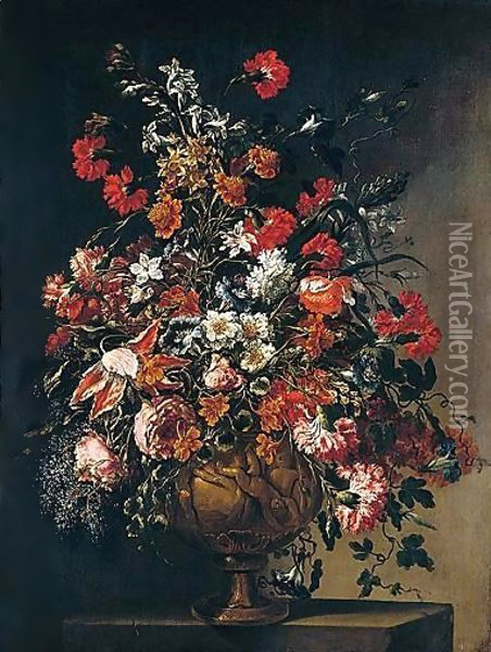 A still life of various flowers in an ormolu vase with putti Oil Painting - dei Fiori (Nuzzi) Mario