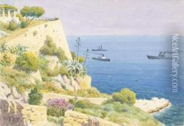 Le Cap De Nice, Trois Bateaux Croisant Oil Painting - Lina Bill
