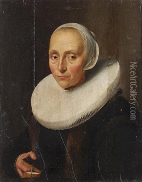 Portrait Of A Lady, Half-length, In Black, Fur-trimmed Costume With A White Ruff And Lace Cap Oil Painting - Isaac Colonia