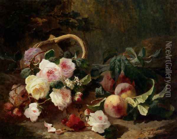 Basket Of Roses And Fruits Oil Painting - Pierre Bourgogne