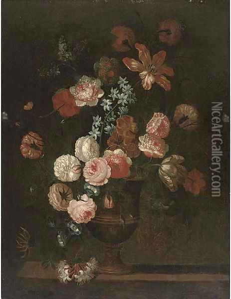 Roses, a parrot tulip, morning glory and other flowers in an urn on a ledge Oil Painting - Jean-Baptiste Monnoyer