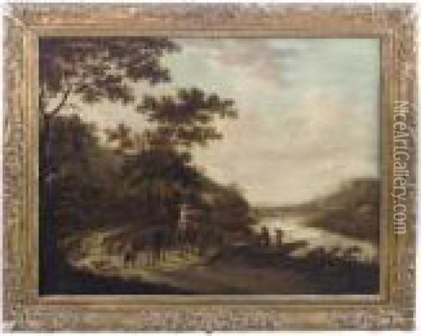 A River Landscape With Travellers On A Country Track, A Bridgebeyond Oil Painting - Frederick De Moucheron