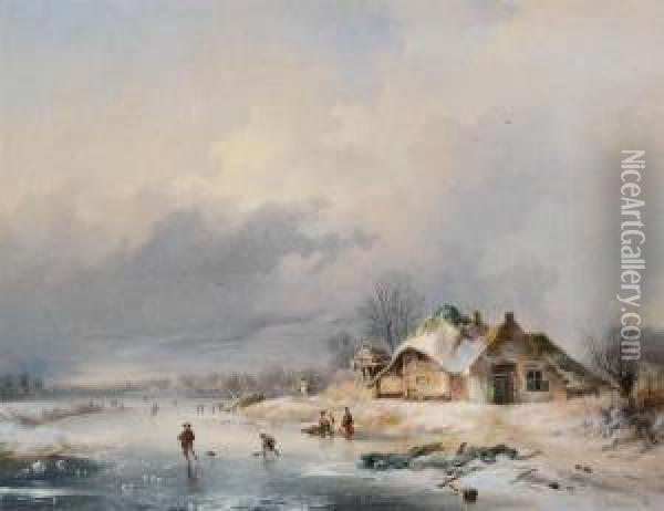 Animated Winter Landscape With Figures Near The Farmhouse Oil Painting - Charles van den Eycken