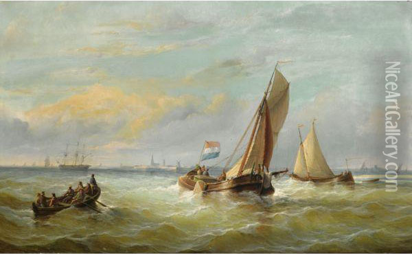 Fishing Boats On Choppy Waters, Possibly Vlissingen In Thebackground Oil Painting - Christiaan Cornelis Kannemans