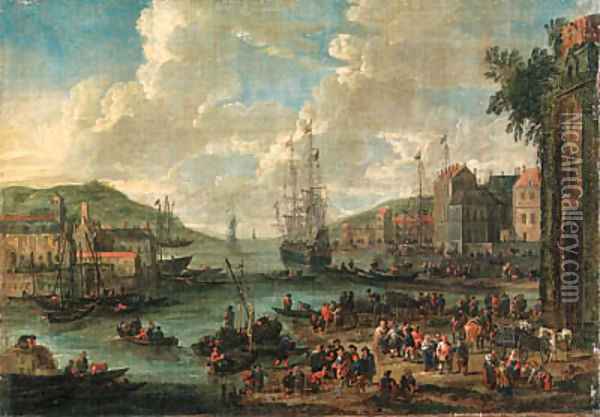 A port, with men-o-war and other shipping, townsfolk and fishermen on the shore Oil Painting - Adriaen Frans Boudewijns