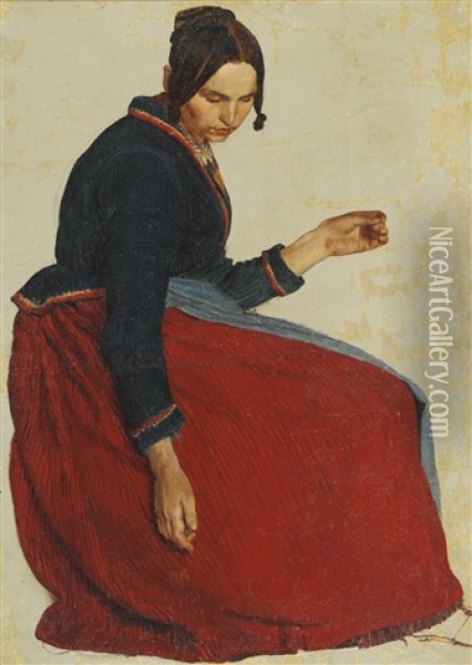 Portrait Of A Woman In A Red Skirt Oil Painting - Lorenz Frolich