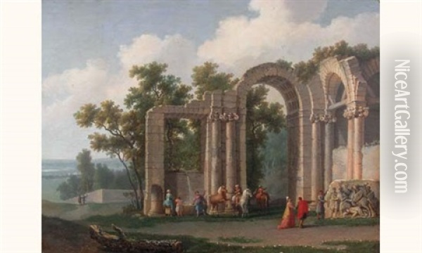 Visiteurs Dans Des Ruines Antiques Oil Painting - Jean Baptiste Francois Genillion