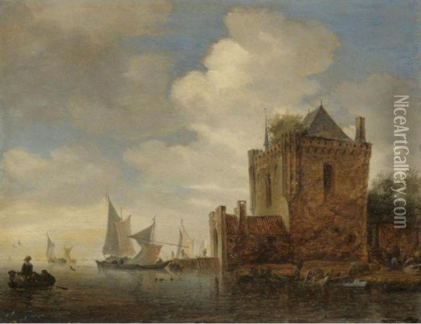 A River Estuary With A Fort And Men Unloading Onto The Shore Oil Painting - Salomon van Ruysdael