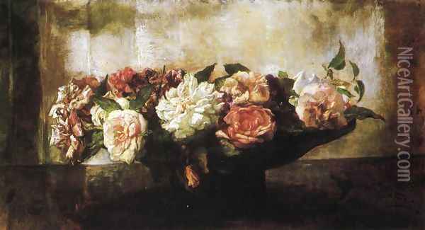 Roses In A Shallow Bowl Oil Painting - John La Farge