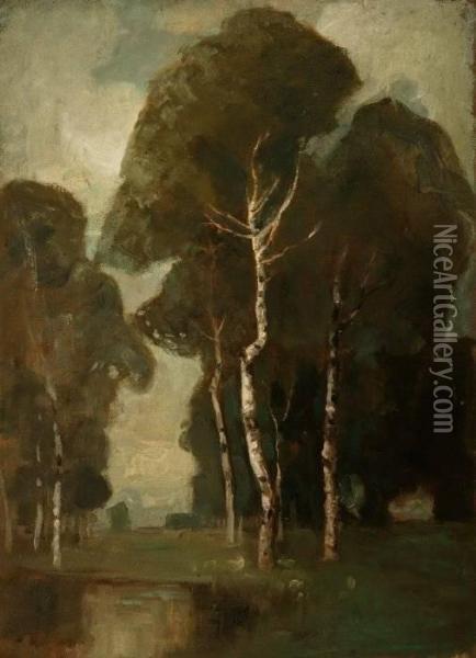 Carl J. N. Piepho . Landscape With Tall Trees Oil Painting - Carl Piepho