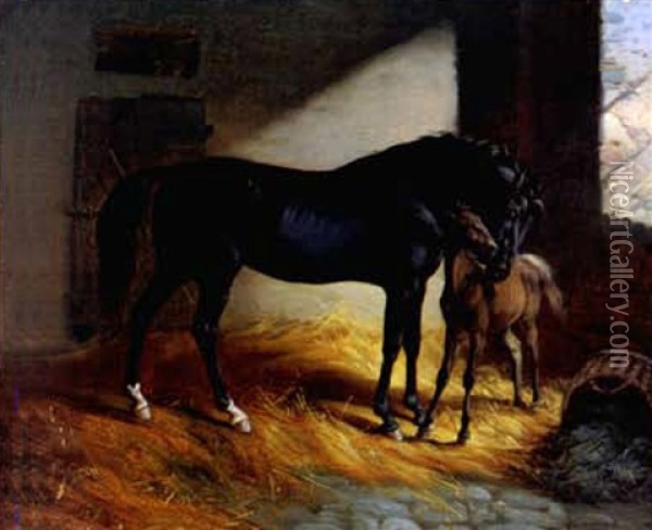 Pferd Und Fohlen In Der Stallung Balz Oil Painting - Benno Raffael Adam