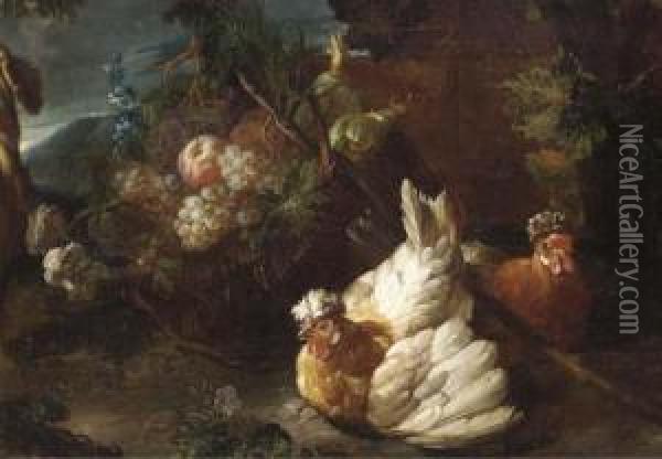 Two Hens By A Basket Of Fruit In
 A Landscape; And Two Turkeys By Avase Of Flowers In A Landscape Oil Painting - David de Coninck