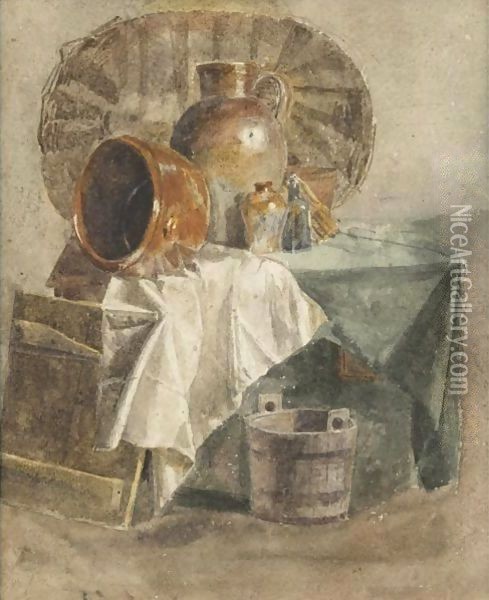 Still Life With A Basket, Jars, A Bowl And White Cloth Oil Painting - Peter de Wint