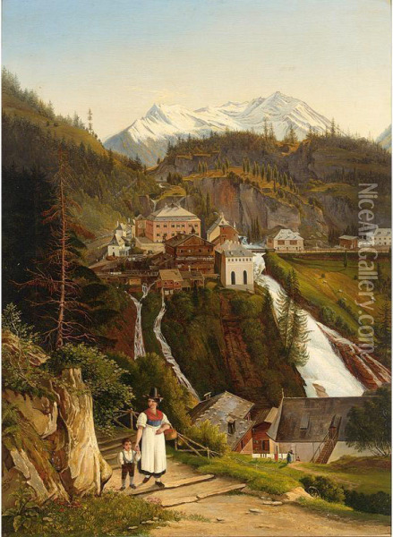 A Woman With Her Child On A Mountain Path, A Village Near A Waterfall In The Background Oil Painting - Emil Lohr