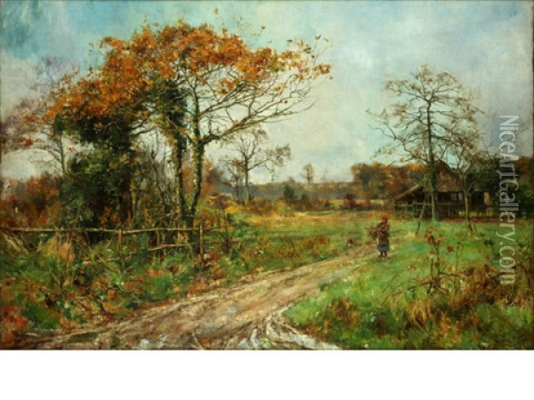Faggot Gatherer On A Country Path Oil Painting - Robert William Arthur Rouse
