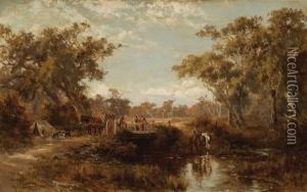 Woodcarter And Figures On A Bridge Oil Painting - James Waltham Curtis