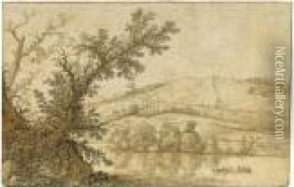 Wooded River Landscape With A Rowing Boat, And Hills Behind Oil Painting - Cornelis Hendricksz. The Younger Vroom