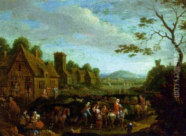 Travellers Arriving In A Village, A River Beyond Oil Painting - Peeter van Bredael