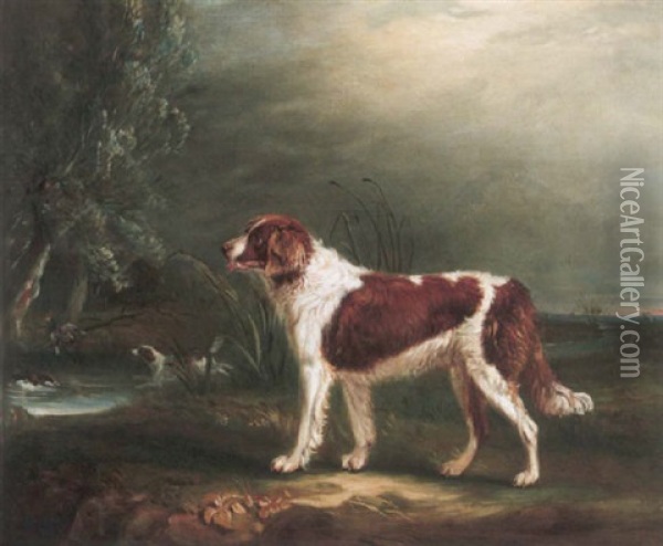 Two Spaniels By A Stream, One Putting Up Mallard Oil Painting - John E. Ferneley