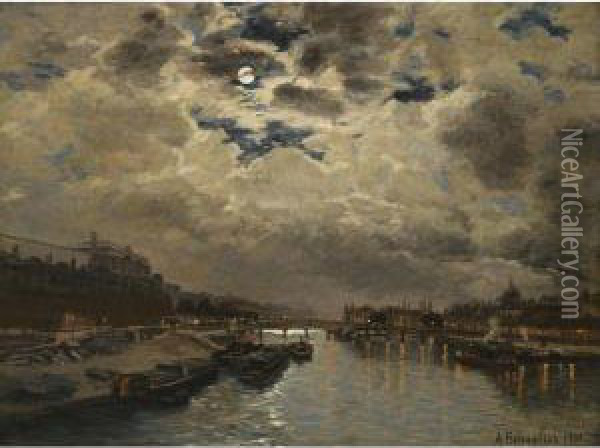 Moonlit View Of The Seine Oil Painting - Alexei Petrovitch Bogoliubov