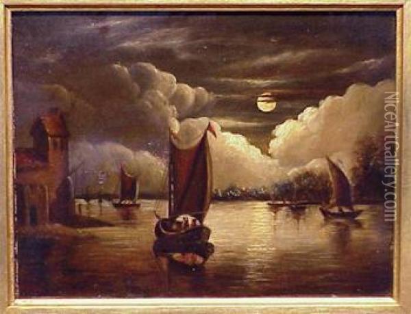Fishing Boats On A Moonlit Canal Oil Painting - Aert van der Neer