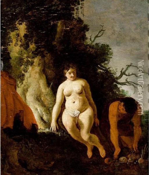 Nymph And Satyr Oil Painting - Moyses or Moses Matheusz. van Uyttenbroeck