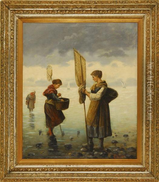 Women Fishing With Nets Oil Painting - H. La Croix