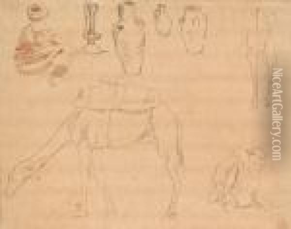 Etude D'un Oriental Assis, De Chameaux Et De Vases Oil Painting - Eugene Delacroix